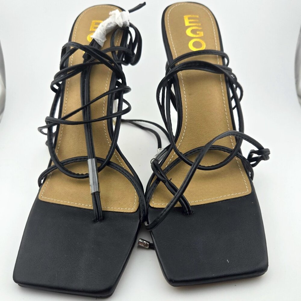 EGO Sunbathe Black Lace-Up Heels | US 10 UK 8 |4.5" Strappy Sandals Faux Leather